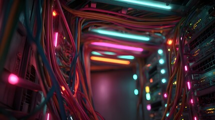 Intricate network of brightly illuminated cables lines a futuristic digital data corridor