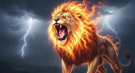 Roaring Lion Ablaze Amidst a Stormy Night with Lightning.