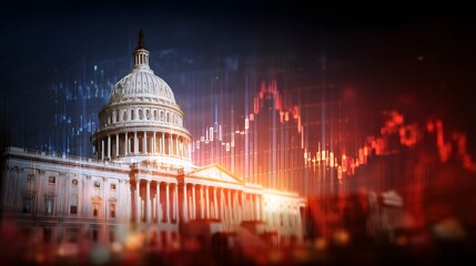 Prominent domed government building overlaid with dramatic financial market data charts