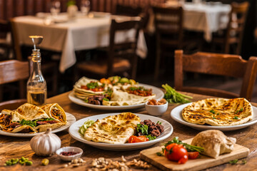 Obraz premium A vibrant table of traditional Jewish cuisine. Featuring classic dishes like Challah bread, Gefilte fish, and Matzo ball soup, this image celebrates rich culinary heritage and festive food traditions.