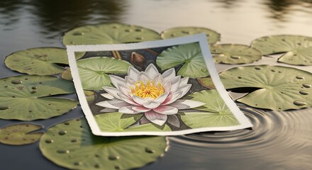Water Lily Flower Illustration with Photograph on Pond Surface