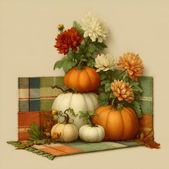Autumnal still life featu pumpkins and colorful chrysanthemums arranged on a decorative plaid mat against a warm neutral background.