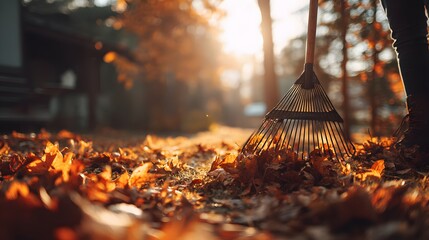 Raking accumulated foliage across a sunlit yard captures the essence of seasonal yard work.