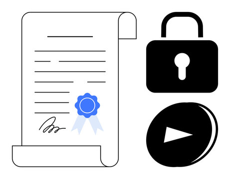 Legal scroll with blue seal and signature, black padlock, circular play button. Ideal for law, authentication, data security, intellectual property, certification, content rights and online
