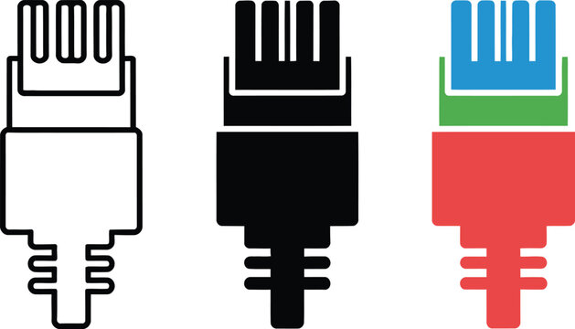 Network Cable Connector Icons Set Outline Silhouette Color , network cable, ethernet, connector,