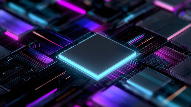 Glowing central processing element rests upon a complex digital circuit board with neon accents