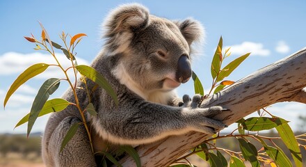 Koala Bear Clinging to Tree Branch in Natural Habitat Under Bright Sky