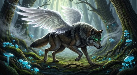 Winged Wolf in Enchanted Forest - A Mystical Creature.