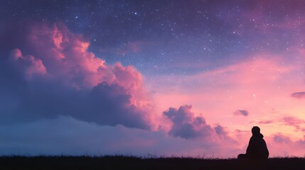 Solitary silhouette contemplates vibrant twilight sky filled with stars and dramatic clouds