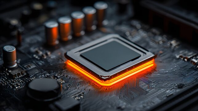 Electronic processor component glows with vibrant orange illumination on a dark circuit board - Powered by Adobe