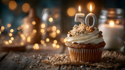 A delicious cupcake with vanilla frosting is topped with a number 50 candle to celebrate a special golden jubilee milestone anniversary.