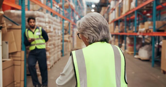 Logistics, manager or shout at worker in warehouse for time management fail, lazy or scroll with phone. People, mature woman yelling at man in factory with tech distraction, delay or procrastination.