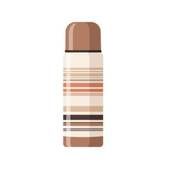 A brown and beige striped vacuum flask with a cap for keeping beverages hot or cold