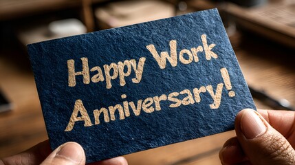 Hands holding a textured blue card with golden text wishing a happy work anniversary on a wooden desk with blurred background details.