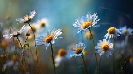 Fototapeta premium Beautiful close-up of fresh daisies blooming in a serene garden setting with soft light, creating a peaceful and vibrant atmosphere of nature's beauty.