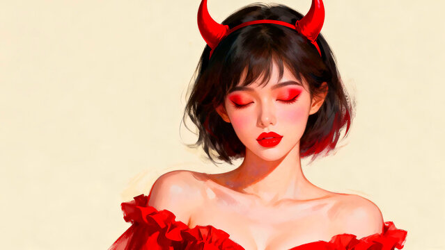 Digital painting of a beautiful woman with red devil horns and matching makeup in a red dress against a light yellow background showcasing artistic style and fantasy elements for halloween