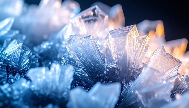 Extreme macro close-up of intricate, naturally formed ice crystals (hoarfrost or snowflake structure) on a dark, textured surface. Captured with a shallow depth of field, sharp focus on the crystallin - Powered by Adobe