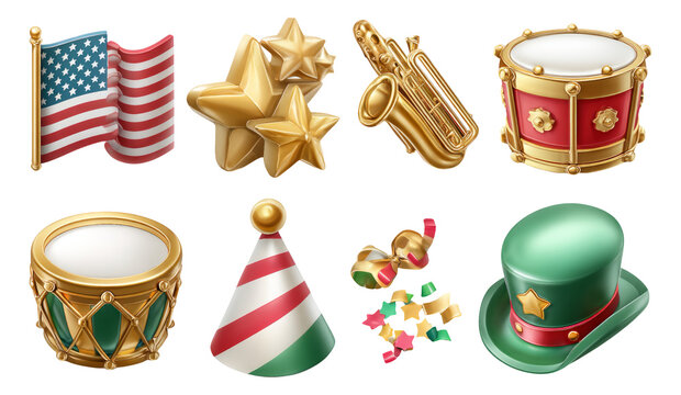 Festive Collection of Colorful Decorations and Musical Instruments for Celebrations