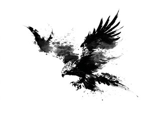 Powerful ink brush depiction of an eagle mid-flight rendered in traditional Japanese style