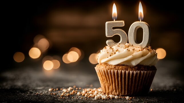 A delicious cupcake celebrating a milestone birthday, adorned with candles in the shape of the number fifty shining brightly in soft light. - Powered by Adobe
