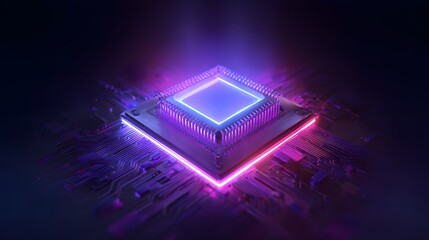 Glowing integrated circuit microchip illuminates digital technology concept in dark environment