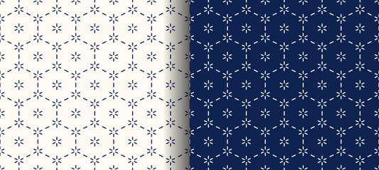 刺し子風シームレスパターン　日本の伝統文様、花亀甲