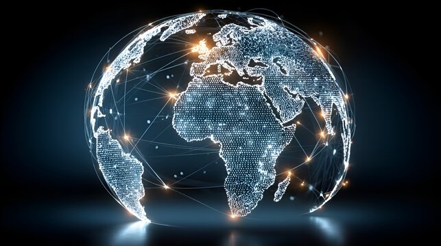 Digital earth illuminated with glowing dots and interconnected lines representing global network connectivity on a dark background illustration.