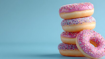 Stacked sweet fried dough pastries with bright pink frosting and colorful sprinkles arranged against a light blue background
