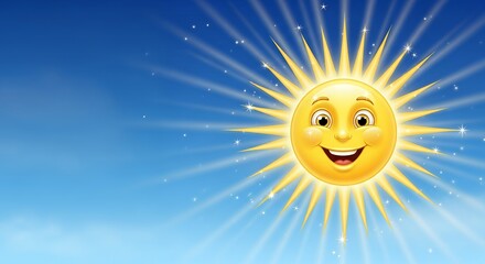 Cheerful Smiling Sun with Bright Rays in Blue Sky with Sparkles for Children's or Weather Themes