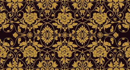 Fototapeta premium Elegant floral damask pattern with golden flowers on a dark background perfect for fabrics and