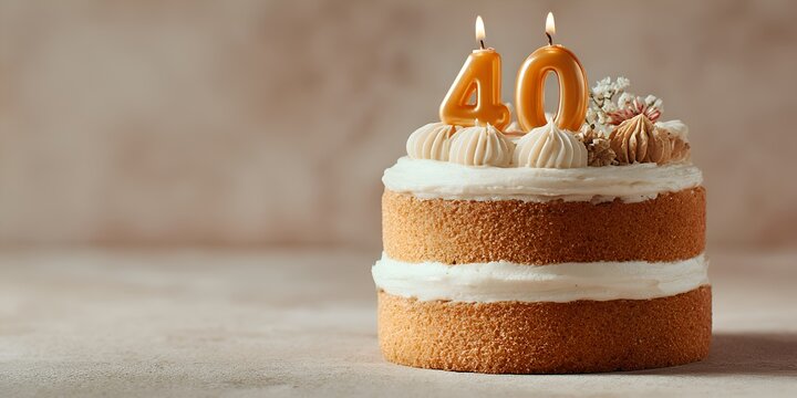 A delicious small cake decorated with candles shaped as number 40 celebrates a fortieth anniversary with elegance and style on light background.