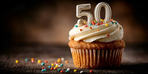 A delightful cupcake frosted with creamy vanilla and topped with colorful sprinkles for a cheerful 50th anniversary celebration.