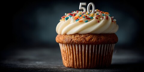 A delicious cupcake decorated with sprinkles and the number 50 stands ready to celebrate a fiftieth birthday or special anniversary milestone.
