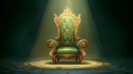 Ornate, high-backed emerald armchair illuminated by a dramatic spotlight on a stone floor