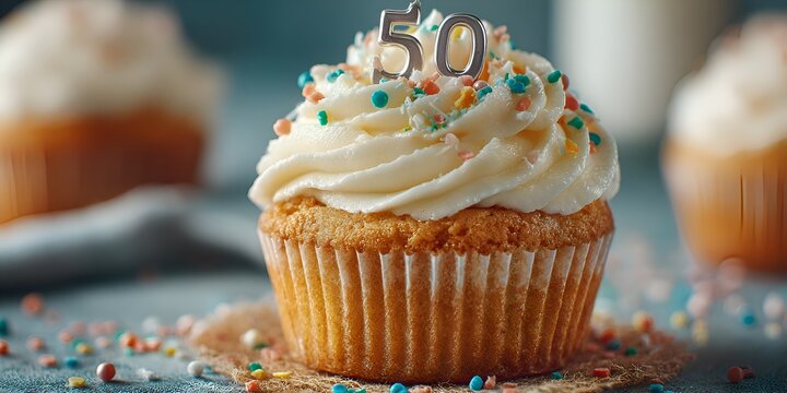 A delicious cupcake adorned with sprinkles and a number 50 candle signifies a milestone birthday or anniversary celebration event today.