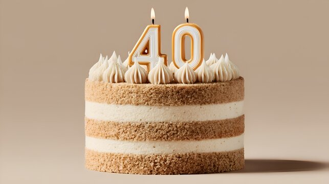 A delicious frosted cake with number forty candles is displayed to celebrate a special fortieth birthday milestone event celebration.