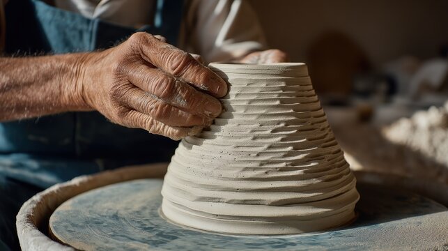 Close-up of a skilled artisan shaping a tall ceramic vase on a pottery wheel in a traditional workshop