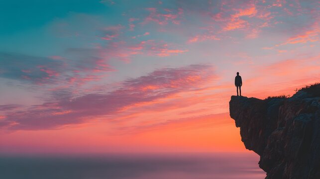 Solitary figure stands on a rugged cliff edge overlooking the ocean during a vibrant sunset