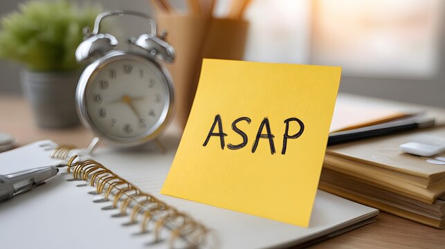 Small yellow reminder note bearing the abbreviation for immediate action rests on a busy desk beside a clock