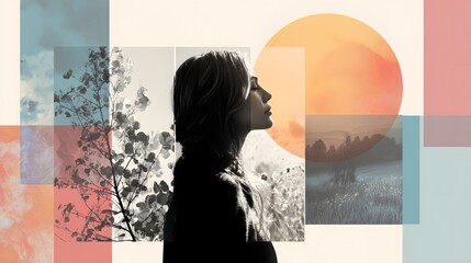 Abstract composition blends portrait silhouette with natural scenes using geometric overlays