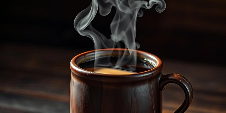 Steam rising from dark, rich coffee in a rustic mug, morning, milk