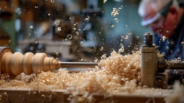 Woodturning in Progress Craftsman Carving a Wooden Vase Using a Lathe Machine with Wood Shavings Flying