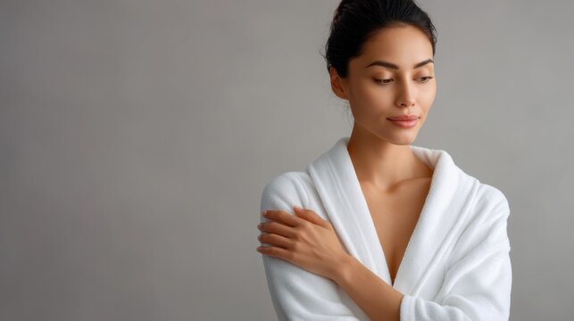 Serene woman in a white bathrobe with gentle expression against a neutral background reflecting calm and tranquility in a wellness or spa setting