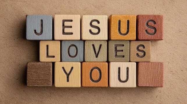 The Text "Jesus Loves You" represented as wooden block