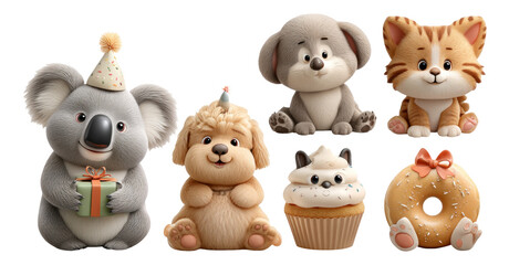 Obraz premium Cute Animal Characters Celebrating with Hats, Gifts, and Treats on Transparent Background