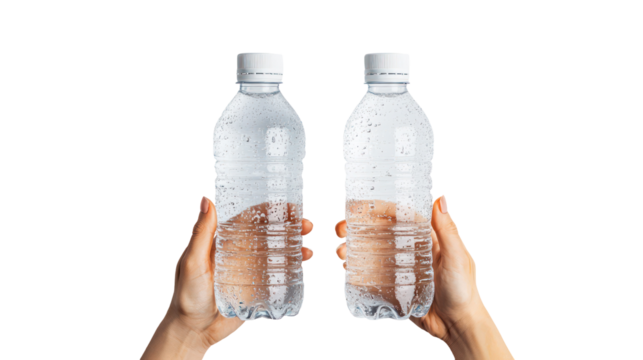 Two hands holding plastic water bottles isolated on transparent background - Powered by Adobe