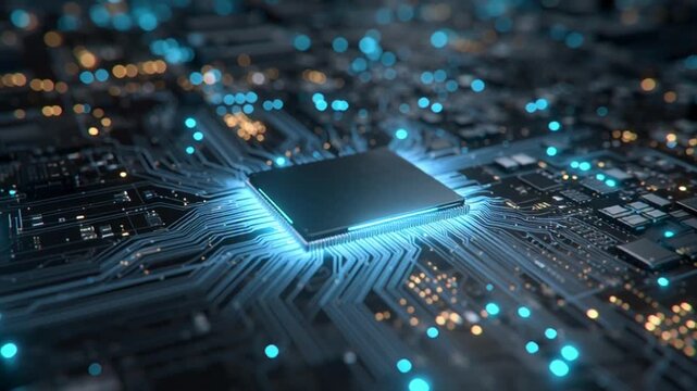 Electronic Circuit Board Glowing with Blue Light - Computer Technology Visual