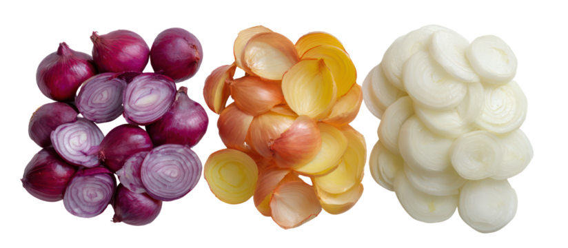 Three types of onions sliced and arranged isolated on transparent background