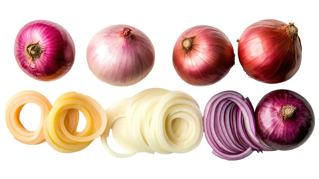Assortment of red onions whole sliced and rings isolated on transparent background