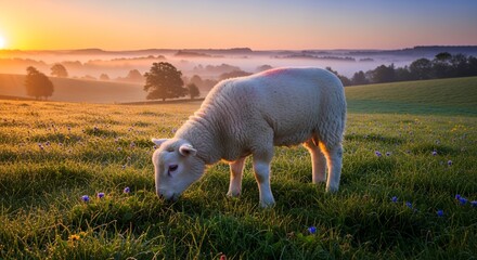 White Sheep Grazing on Green Field During Sunset in Countryside